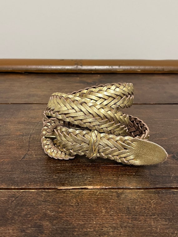 80s 90s gold braided belt, metallic gold leather b
