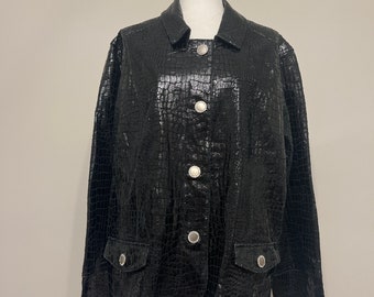 80s 90s BEREK black leather jacket, shiny lamb leather coat, faux reptile textured coat, vintage plus size leather jacket, short leather, 3X