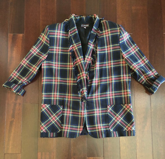 90s Claude oversized plaid blazer, fringe collar … - image 1