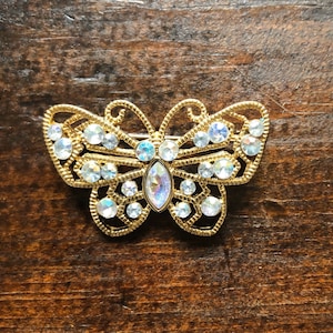 Vintage butterfly brooch, gold metal rhinestone brooch, bohemian brooch, retro butterfly pin, butterfly lovers gift