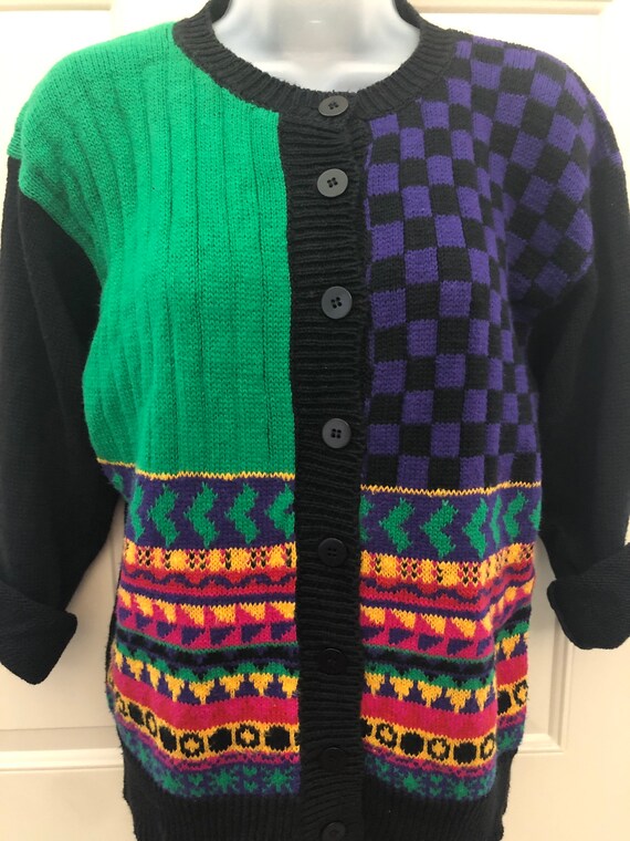 80s Russ Studio bright geometric cardigan, black … - image 10