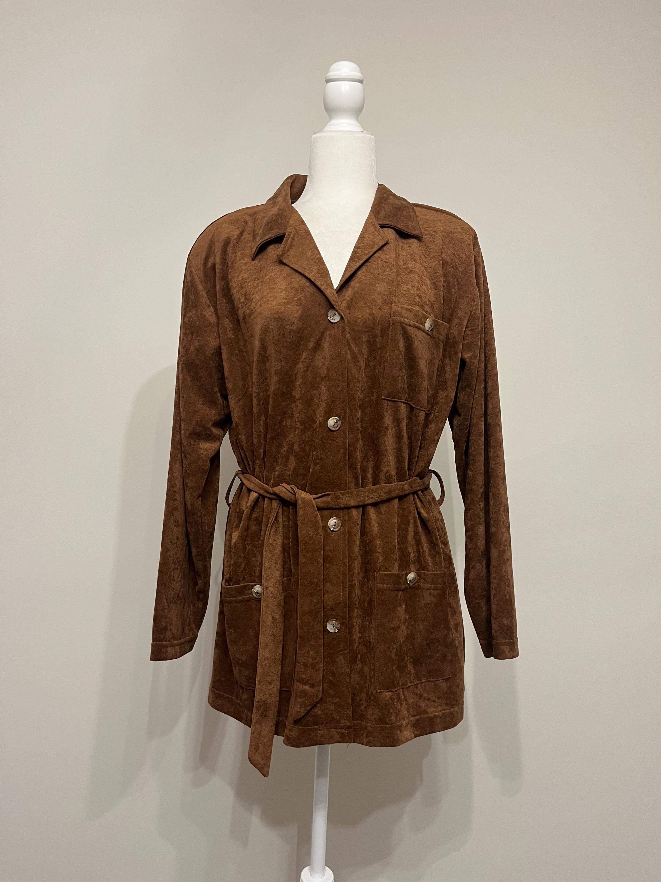 トップス   90s fake suede shirt jacket 90s Does 70s Faux Suede Shirt Jacket, Belted Tunic, Brown Faux