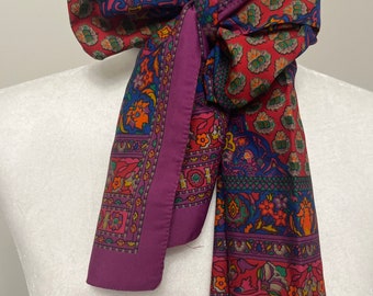 Vintage Liz Claiborne long scarf, boho scarf, long poly neck scarf, purple patterned scarf, Kaleidoscope scarf, Asian floral neck scarf
