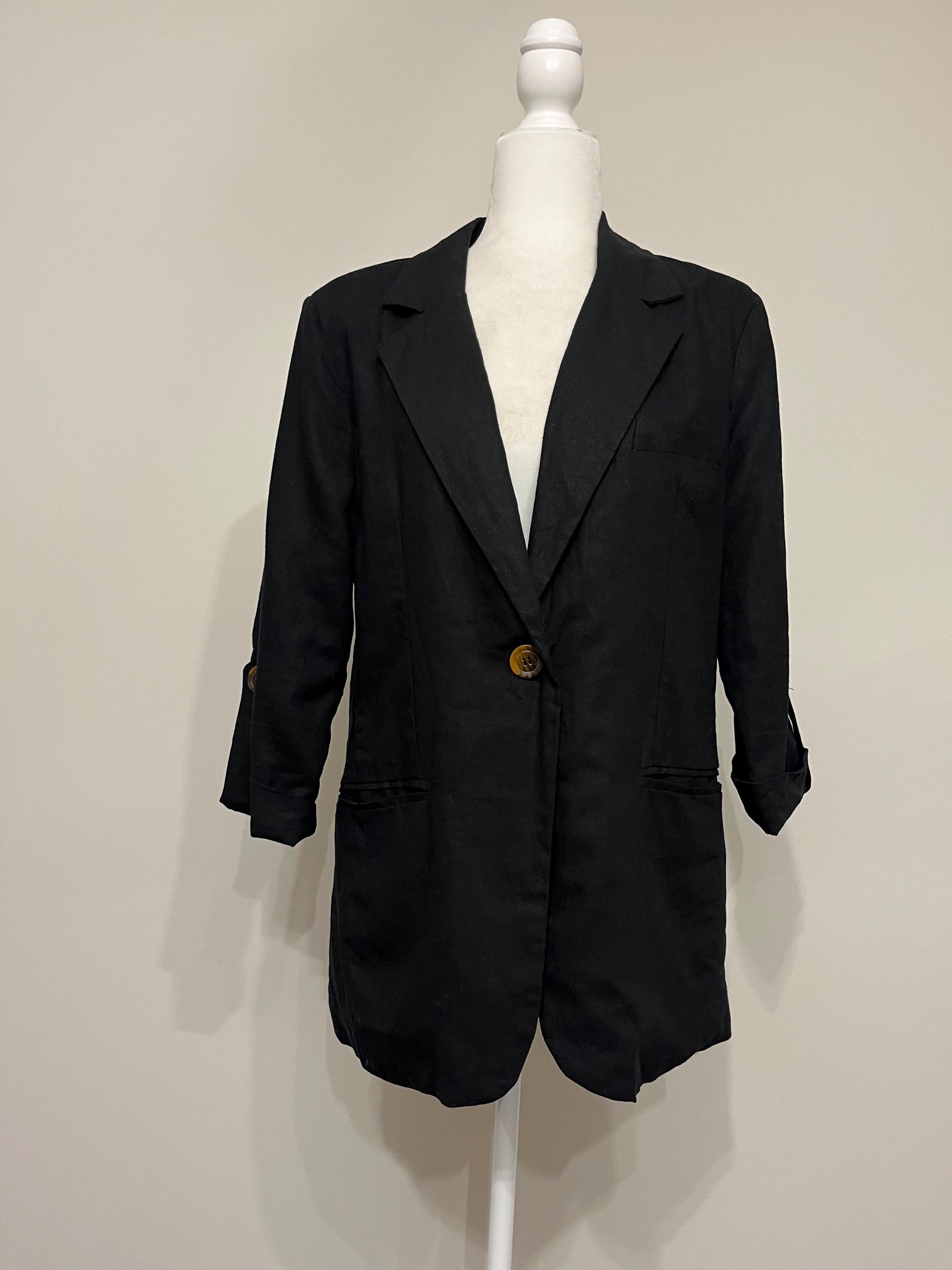 90s black linen blazer, NOS Wet Seal linen blazer, black oversized blazer, menswear blazer, summer blazer, roll sleeve blazer, size L