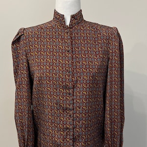 90s Mihang blouse, Asian floral polyester blouse, puffy shoulders Nehru collar blouse, brown floral blouse, 90s shirt, blouse for office, 6