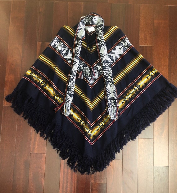 Vintage navy Southwestern poncho, chevron blanket