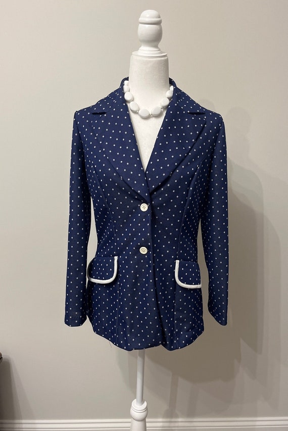 60s 70s Jantzen blue polka dot blazer, poly knit b