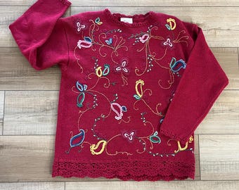 Vintage 80s Margules patterned sweater, burgundy paisley floral sweater, cottage core tunic sweater, size L