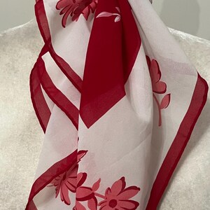 60s 70s floral scarf, Kmart polyester scarf, scarlet white and pink floral scarf, made in Japan, vintage head scarf, sheer neck scarf image 10
