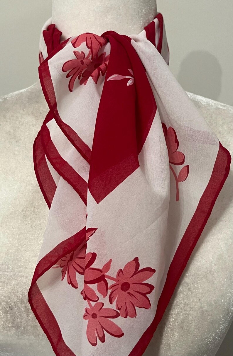 60s 70s floral scarf, Kmart polyester scarf, scarlet white and pink floral scarf, made in Japan, vintage head scarf, sheer neck scarf image 10
