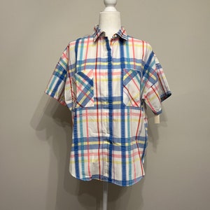 NOS 80s ladies plaid shirt, Oak Hill short-sleeve plaid blouse, 80s summer blouse, vintage plaid top, pastel shirt, rainbow plaid top, 16