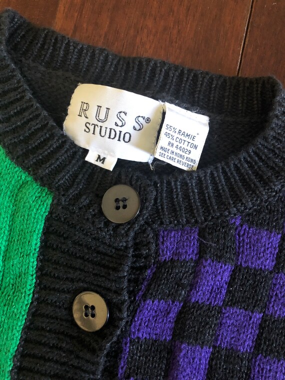 80s Russ Studio bright geometric cardigan, black … - image 3