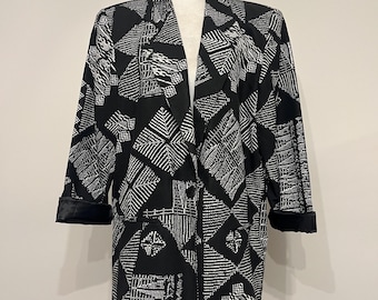 80s Units black & white geometric blazer, oversized poly/rayon linen blazer, 80s funky blazer, size MEDIUM