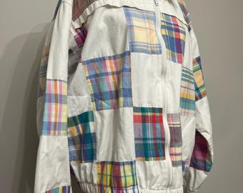 80s Patchit Plaid Patchwork Jacket, White Denim Patchwork Jacket