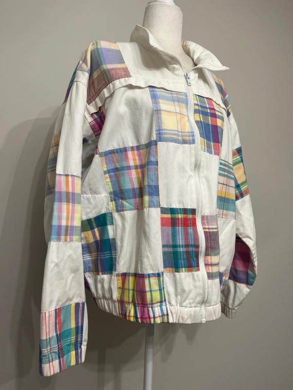 80s Patchit plaid patchwork jacket, white denim p… - image 2