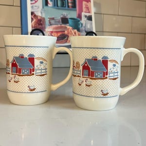 2 Arcopol France barn mugs, vintage milk glass farm mugs, red barn chickens mugs, 8oz mugs, cottage core mugs, farmhouse mugs coffee tea cup