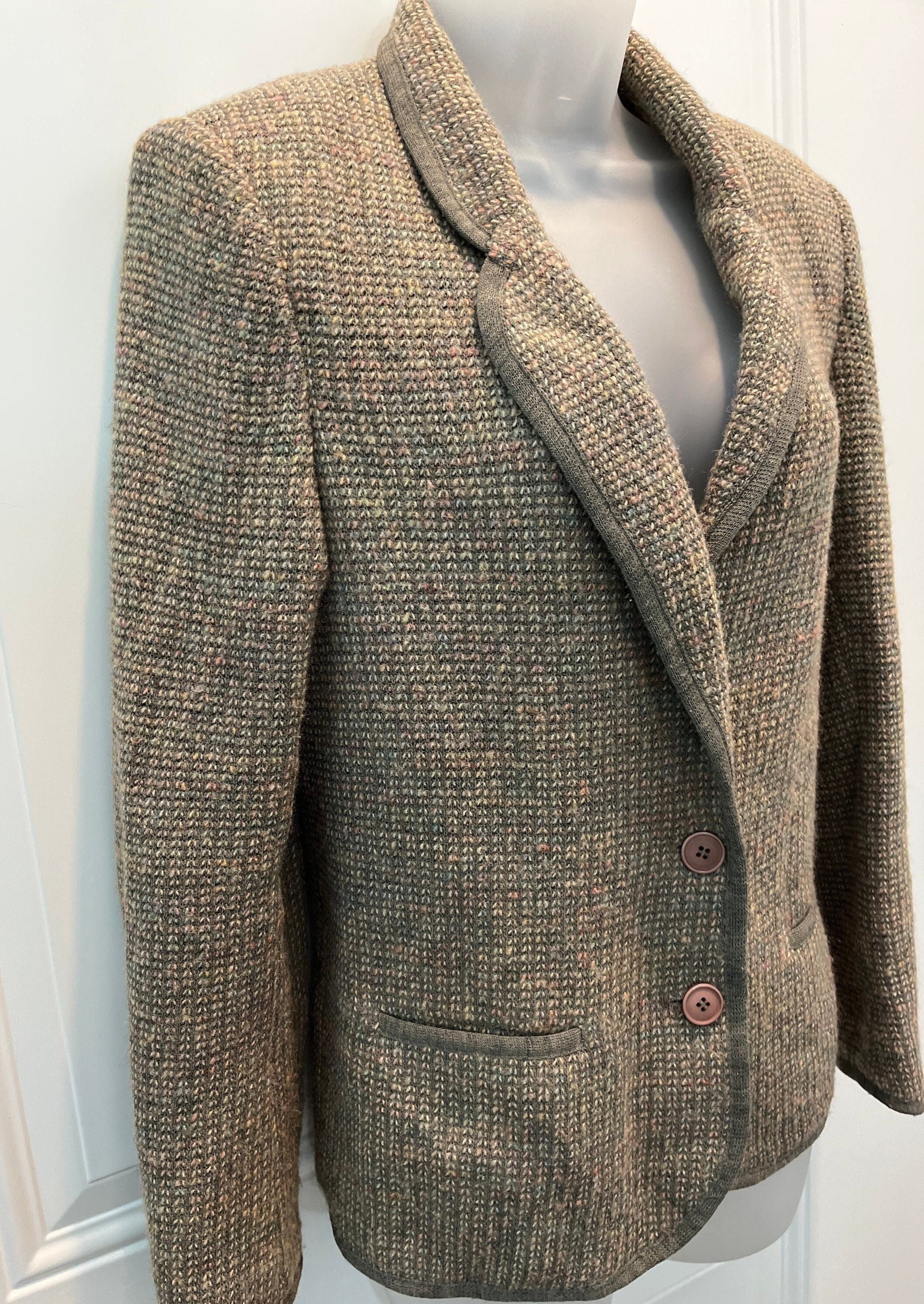 60s 70s Butte Knit Tweed Style Blazer, 70s Khaki Checked Blazer, Fitted Preppy Blazer, Classic Wool Blend Knit Blazer, Fits Size 4/6 Today