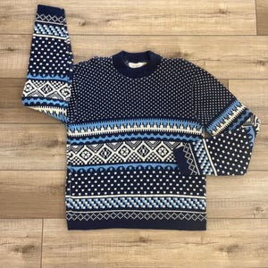 70s 80s Christopher Michael ski sweater, vintage blue patterned sweater, Dad Grandpa sweater, virgin acrylic sweater, cabin sweater, Size XL