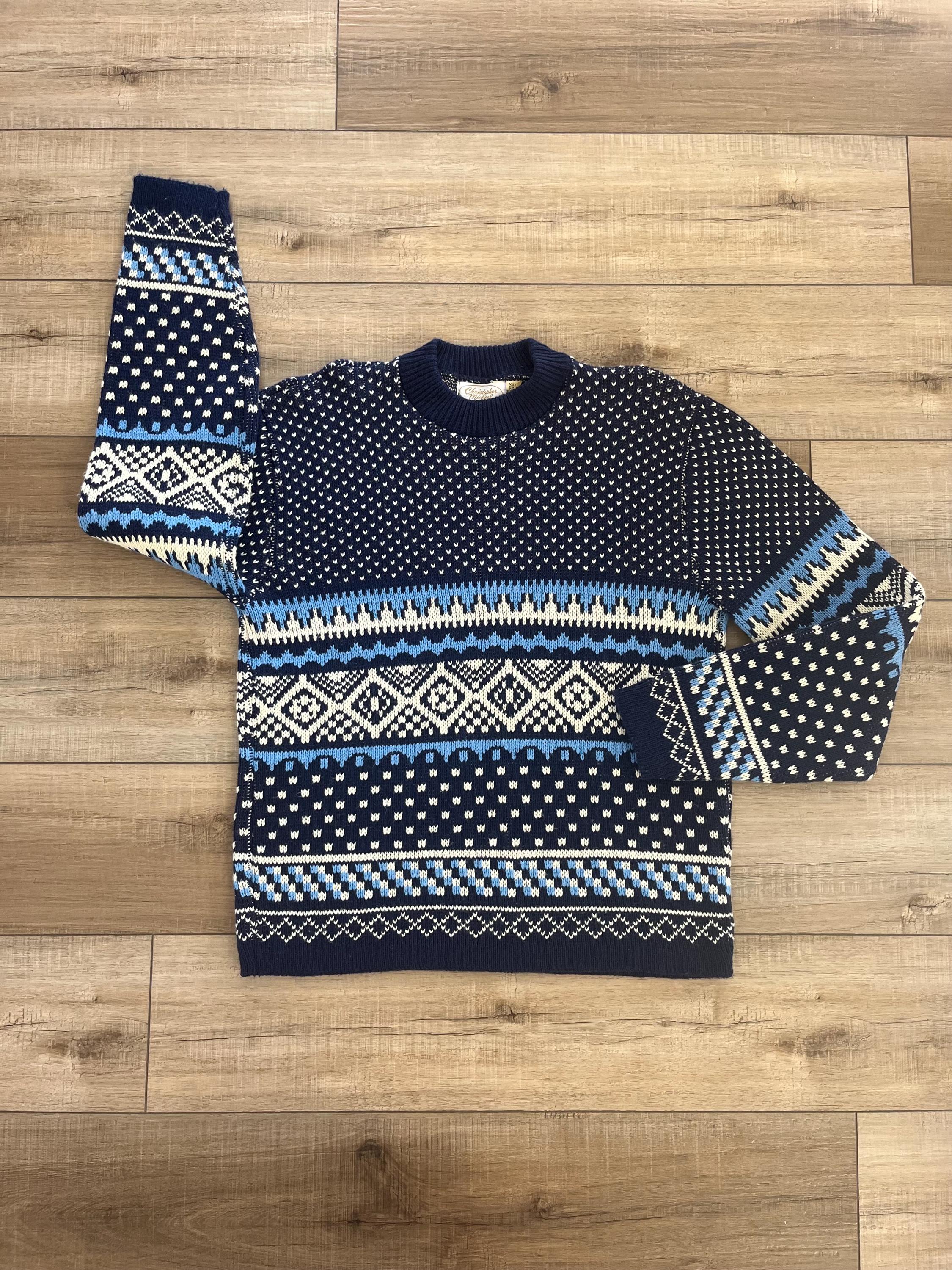 70s 80s Christopher Michael Ski Sweater, Vintage Blue Patterned