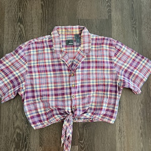 80s 90s Lizwear plaid cropped shirt, tie front shirt, cotton metallic shirt, plaid summer blouse, red white blue tan top, patriotic shirt, L
