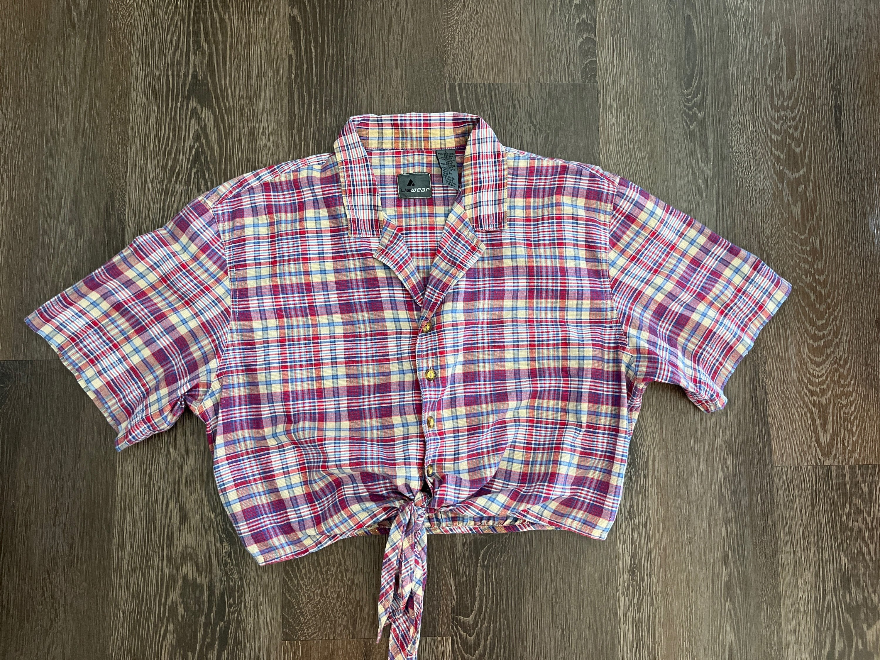 80s 90s Lizwear Plaid Cropped Shirt, Tie Front Shirt, Cotton