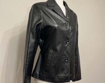 90s black leather jacket, Beyond Sport black leather coat, black leather blazer style jacket, vintage short black leather jacket, size MED