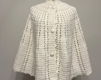 60s 70s cream hand-crochet cape, cream cape, ivory handknit cape, cream poncho, boho cape, knit cape, cream capelet, wedding cape, one size