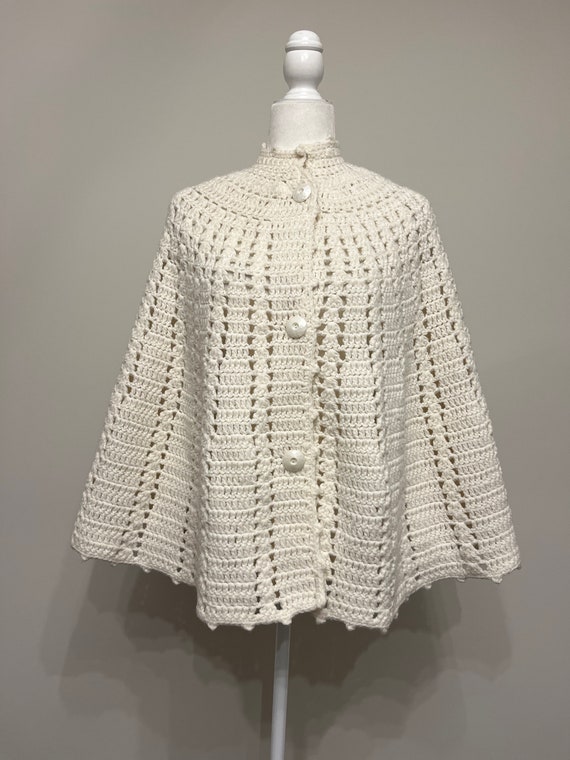 60s 70s cream hand-crochet cape, cream cape, ivor… - image 1