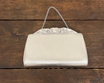 Mid-century silver vinyl evening bag, convertible strap clutch, ruffled top silver purse, 9” mod silver handbag, special occasion formal bag