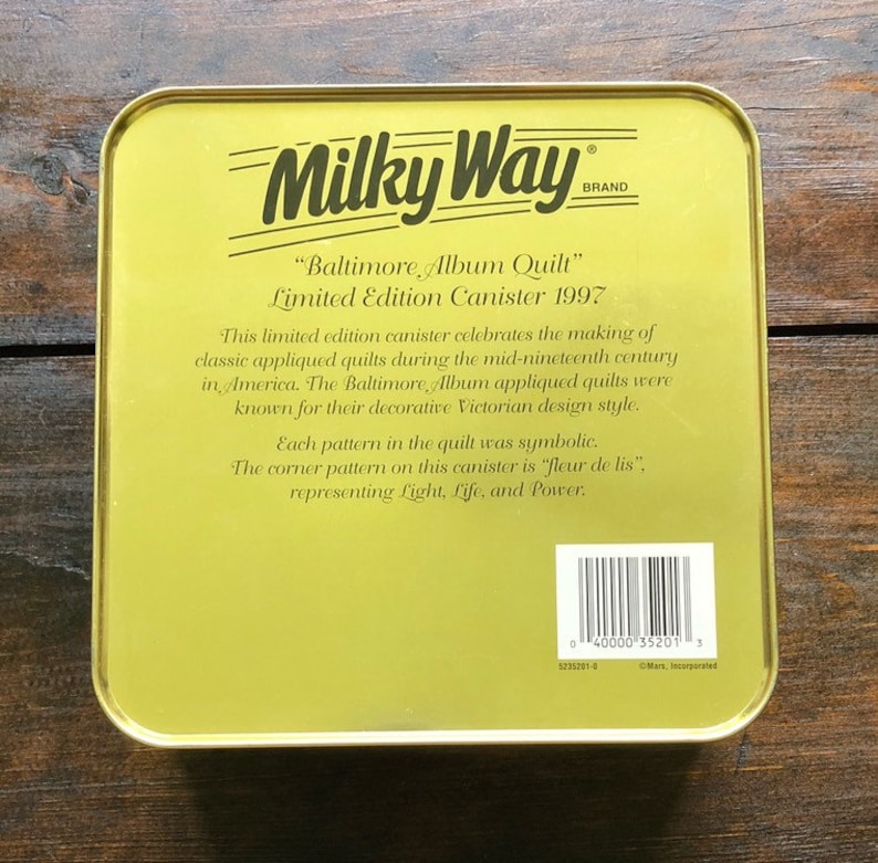 Milky Way Canister 1997 Baltimore Album Quilt vintage collectible square tin flowers ~ Victorian design heart yellow fleur-de-lis
