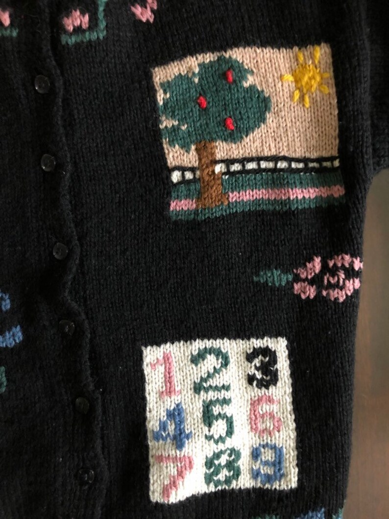 Vintage Allen Solly wool cardigan teacher sweater Mom sweater Nottingham ENGLAND black with numbers /& ABC\u2019s size M folk sweater