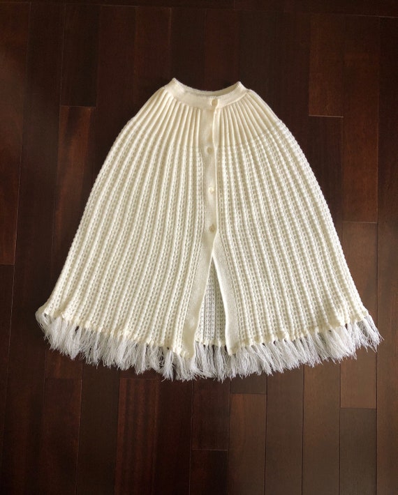 70s cream fringed poncho, acrylic knit poncho, bo… - image 1