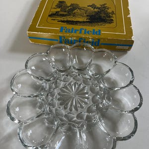 Bandeja para huevos Vintage Anchor Hocking Fairfield, plato de vidrio floral para huevos rellenos, plato de vidrio transparente para huevos