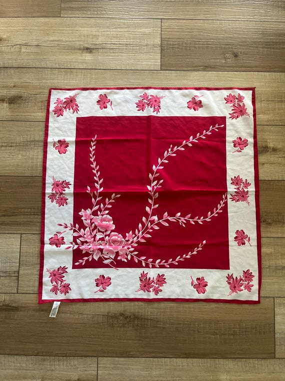 60s 70s floral scarf, Kmart polyester scarf, scarlet white and pink floral scarf, made in Japan, vintage head scarf, sheer neck scarf