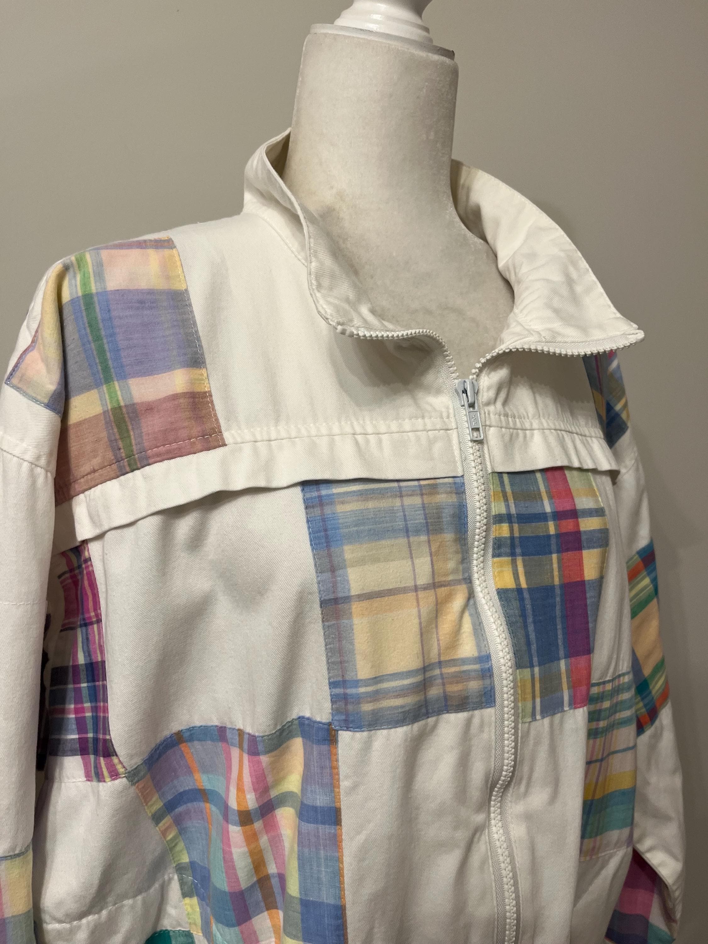 80s Patchit Plaid Patchwork Jacket, White Denim Patchwork Jacket