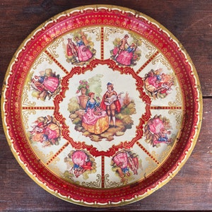 MTM Young Lovers metal tray, red Renaissance themed tray, vintage Metal Tray Manufacturing Co tray, 12.5” decorative tray, England