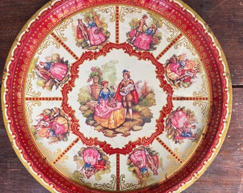 MTM Young Lovers metal tray, red Renaissance themed tray, vintage Metal Tray Manufacturing Co tray, 12.5” decorative tray, England