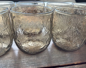 8 Anchor Hocking Sherwood Spicy rocks glasses, vintage tawny brown round cocktail glasses, embossed leaf 8oz glasses, bohemian juice glasses