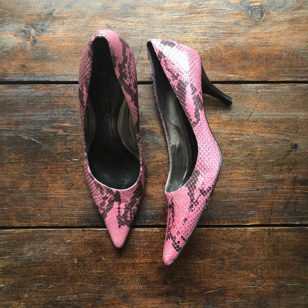 Vintage Casual Corner leather pink & brown reptile pumps, faux snakeskin high heel shoes, pink leather stilettos, made in Italy, size 6.5