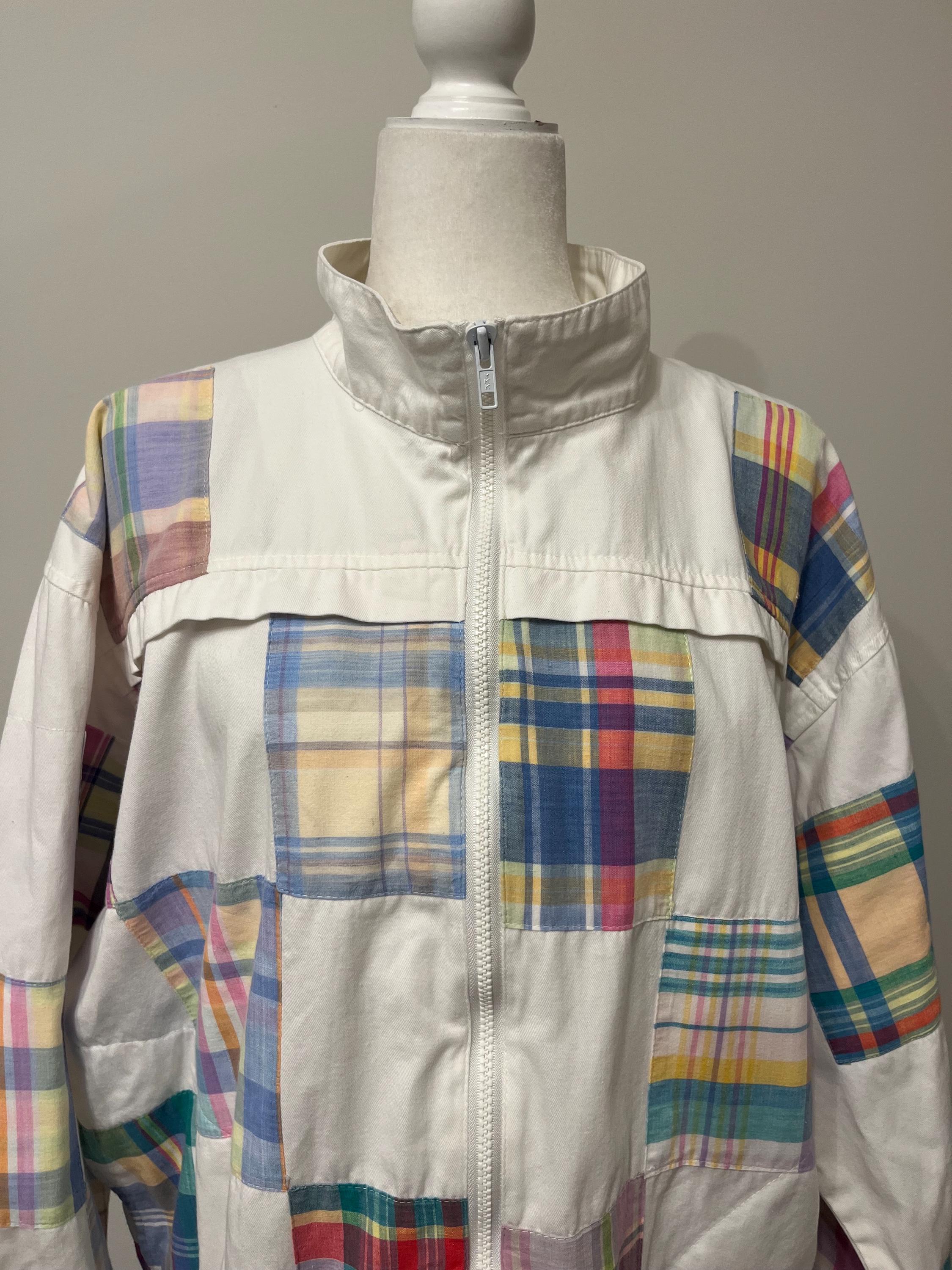 80s Patchit Plaid Patchwork Jacket, White Denim Patchwork Jacket