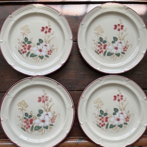 4 Anchor Hocking Enchantment dinner plates, vintage floral stoneware, pink & white floral plates, boho plates, 10.5” cottage farmhouse decor