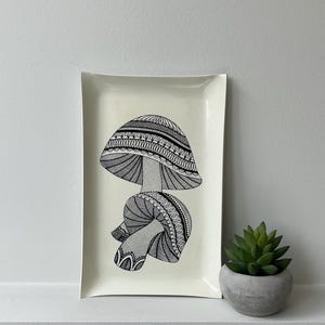 70s HJ Stotter mushroom tray, acrylic mushroom tray, cream and black toadstools tray, 11x7 tray, groovy tray, boho tray, rectangular platter