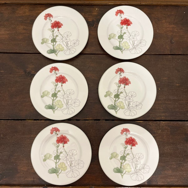6 Block Spal Geranium bread & butter plates, 1981 plates Geranium by Mary Lou Goertzen, 6.25” dessert plates, cottage chic appetizer plates