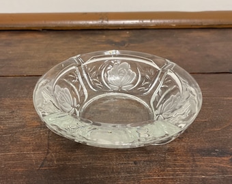 Vintage floral ashtray, KIG Indonesia clear glass ashtray, frosted rose ashtray, MCM ashtray, 6” glass ashtray, shabby chic decor
