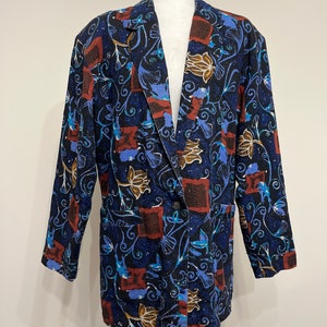 90s Robert Stock ladies blazer, abstract floral oversized blazer, menswear style blazer, blue black funky blazer, silk linen blazer, M
