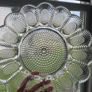 Plato de huevos rellenos de vidrio vintage con relieve, bandeja para huevos rellenos de Indiana Glass, plato de huevos de vidrio dividido estilo MCM, bandeja de huevos de vidrio transparente con relieve de 28 cm