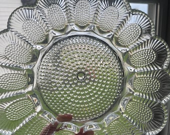 Vintage glass hobnail deviled egg platter, Indiana Glass deviled egg tray, MCM divided glass egg plate,  11” hobnail clear glass egg tray