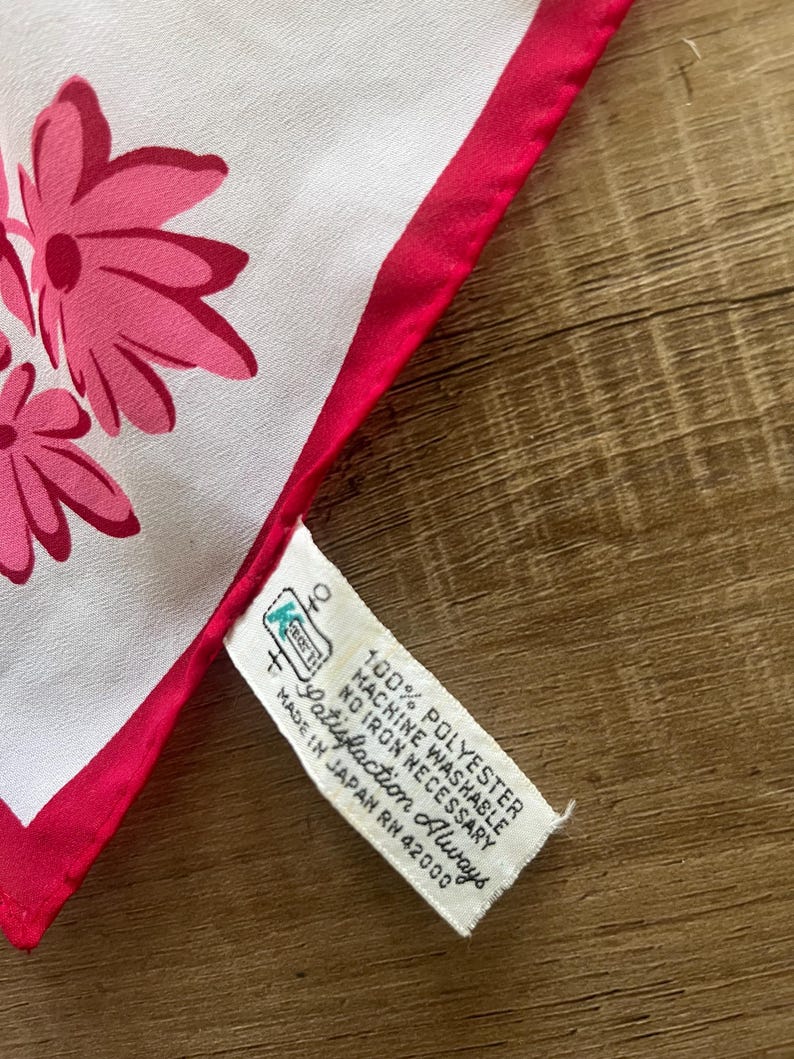 60s 70s floral scarf, Kmart polyester scarf, scarlet white and pink floral scarf, made in Japan, vintage head scarf, sheer neck scarf image 2