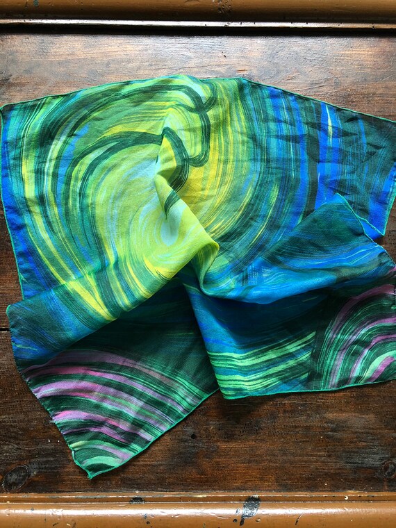 60s 70s psychedelic scarf, sheer swirled neck sca… - image 2