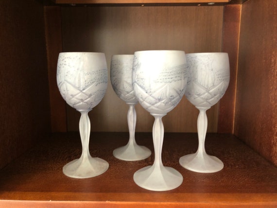 4 Vintage Pale Blue Frosted Wine Glasses Abstract 